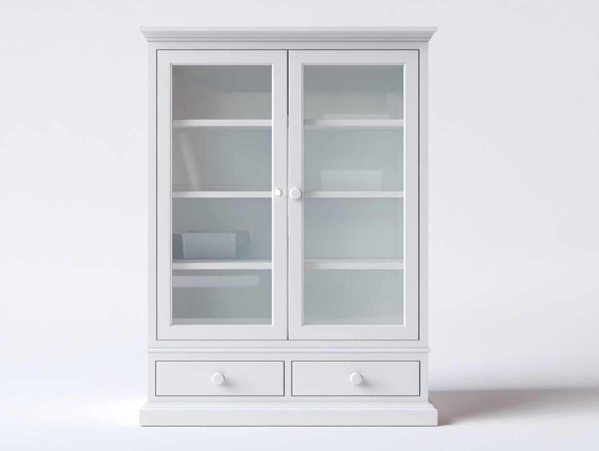 Estanterías de madera manufacturada y vidrio 90 x 38 x 176 cm - Blanco - Con 2 puertas y 2 cajones de estilo clásico