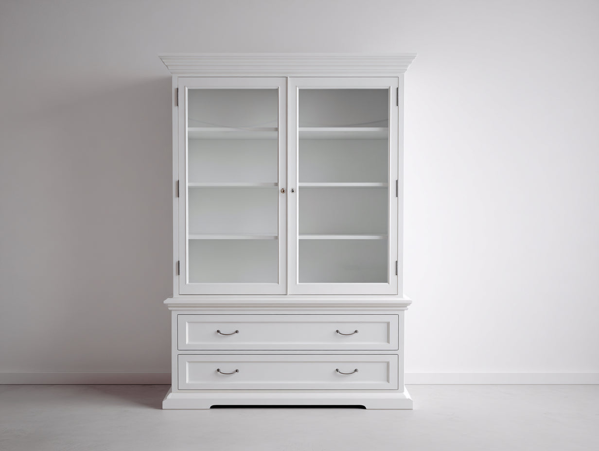 Estanterías de madera y vidrio 110x45x190 cm - Blanco - 2 puertas y 2 cajones