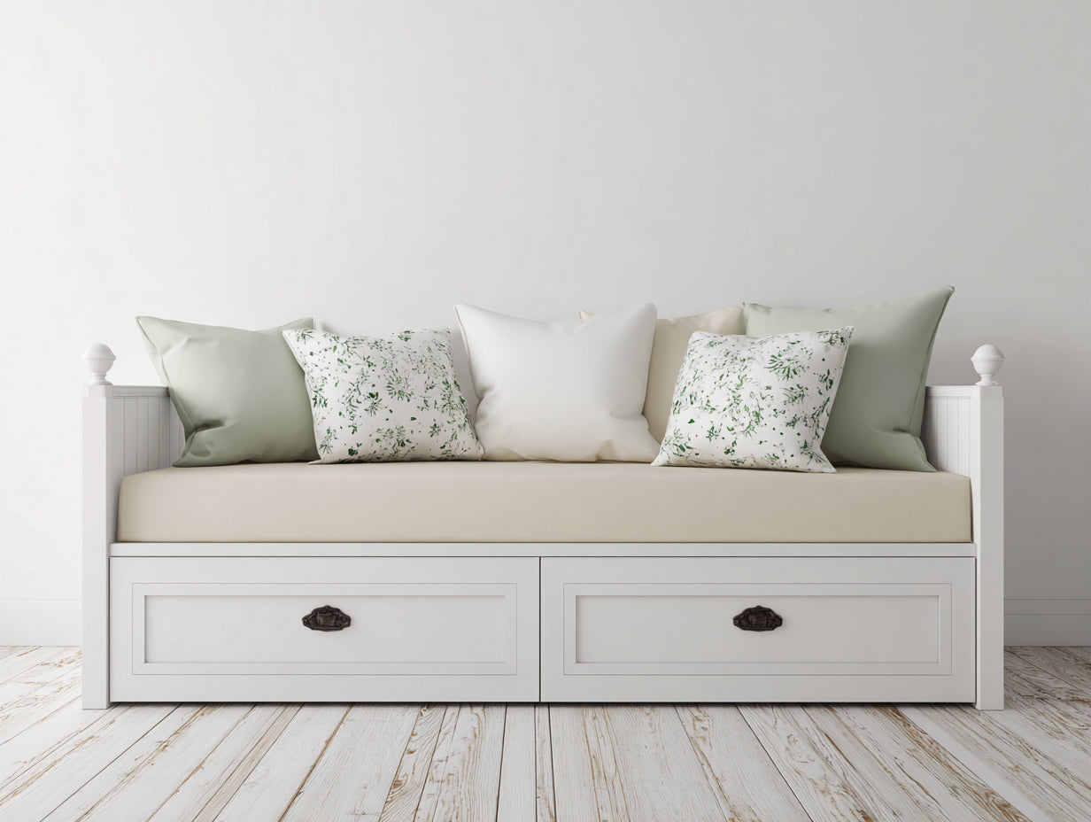 Sofás cama de madera 200x95x90 cm color blanco y beige con 2 cajones diseño clásico para salón o dormitorio