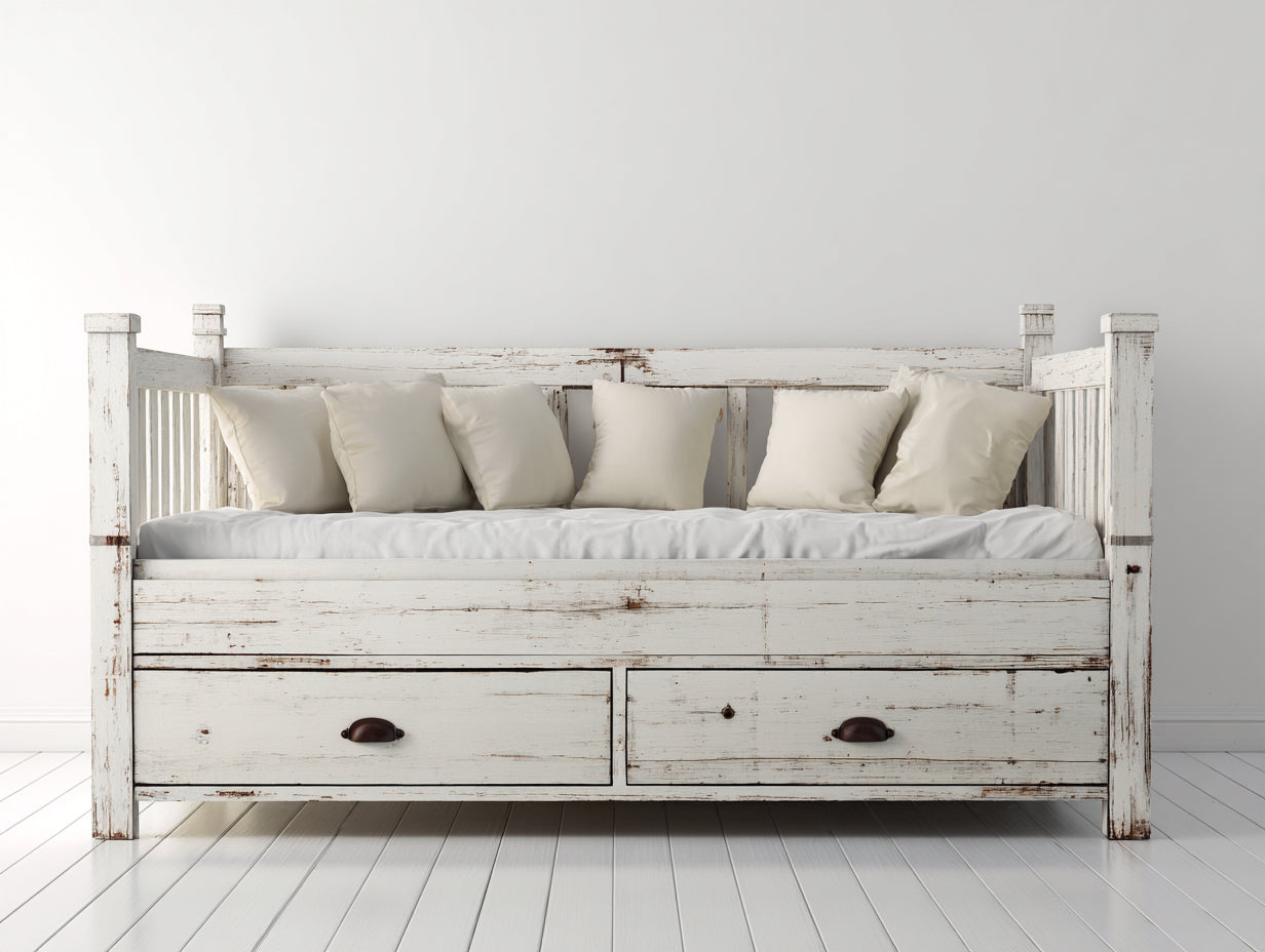 Sofás cama de madera blanca envejecida con 2 cajones 210x100x105 cm - diseño rústico para dormitorio y habitación de invitados