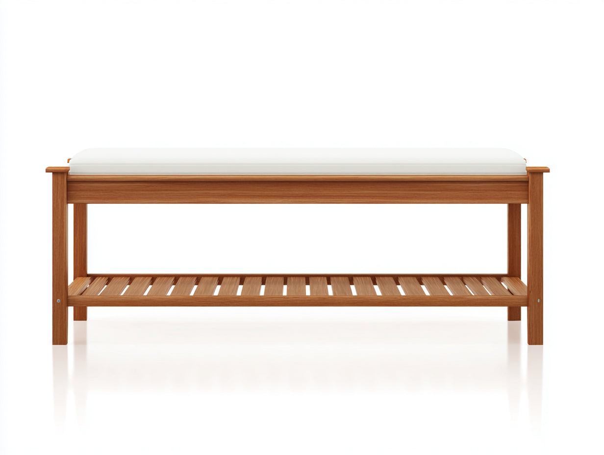 Bancos de jardín de madera 120 x 40 x 50 cm - Marrón natural y blanco - Con cojín y estante inferior de diseño sencillo