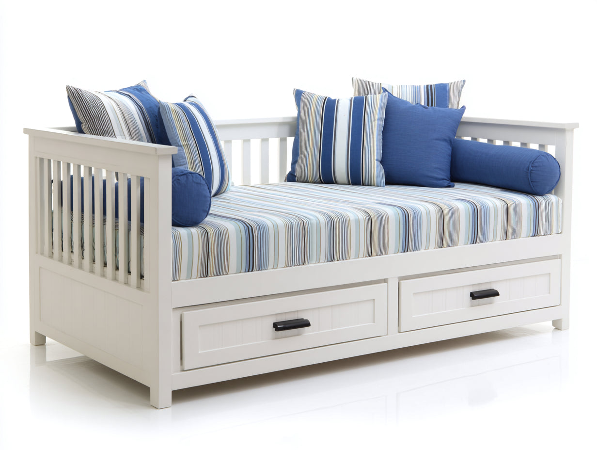 Sofás cama de madera 205x96x88 cm - Blanco y azul - Diseño tipo diván con 2 cajones