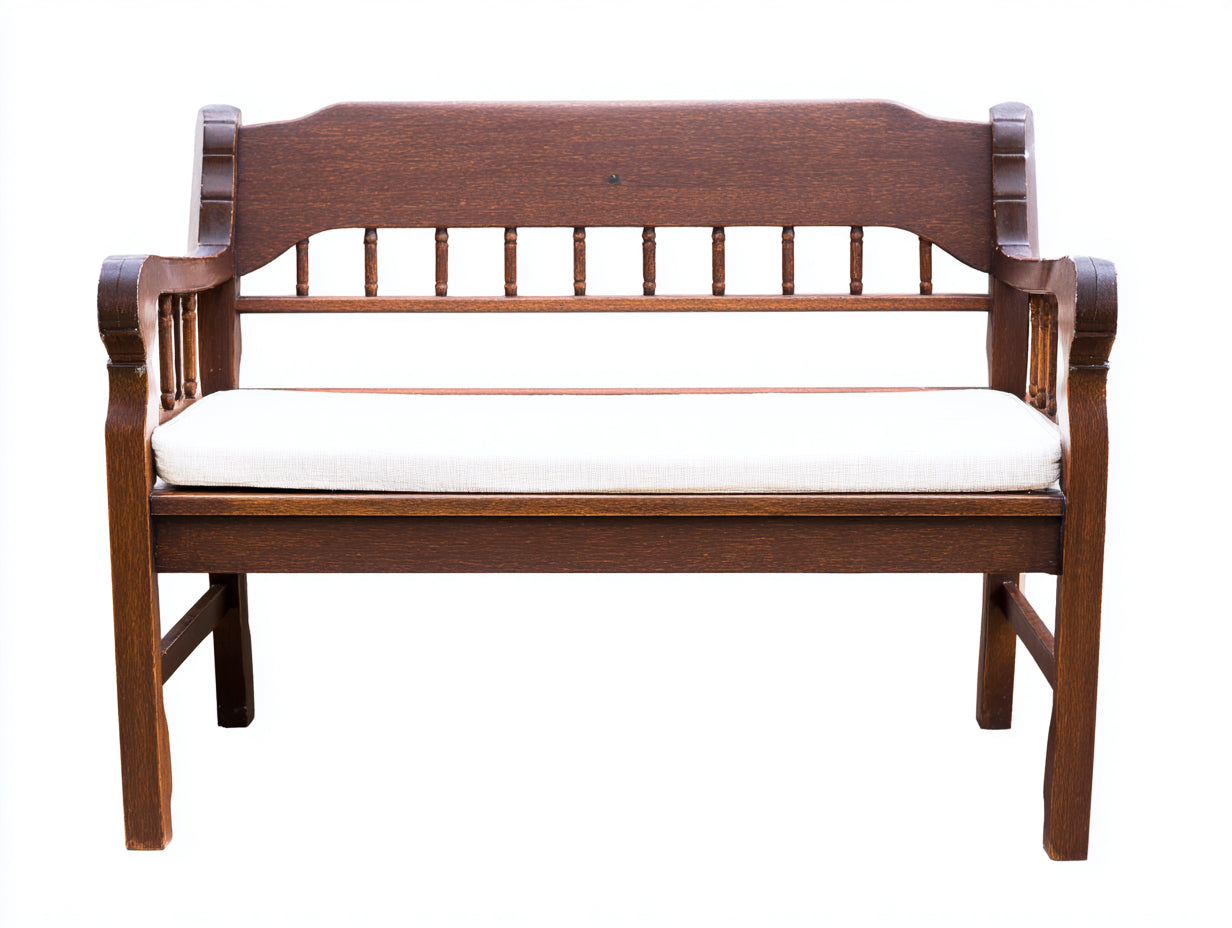 Bancos de jardín de madera 120x55x90 cm color marrón oscuro para 2 plazas con asiento acolchado beige y diseño clásico