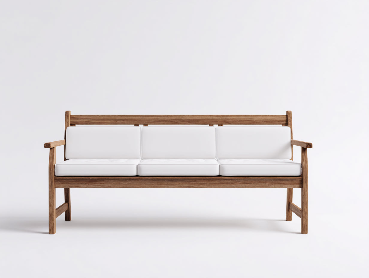 Bancos de jardín de madera marrón con asiento blanco 180x68x88 cm - diseño de 3 plazas con reposabrazos para terraza y patio