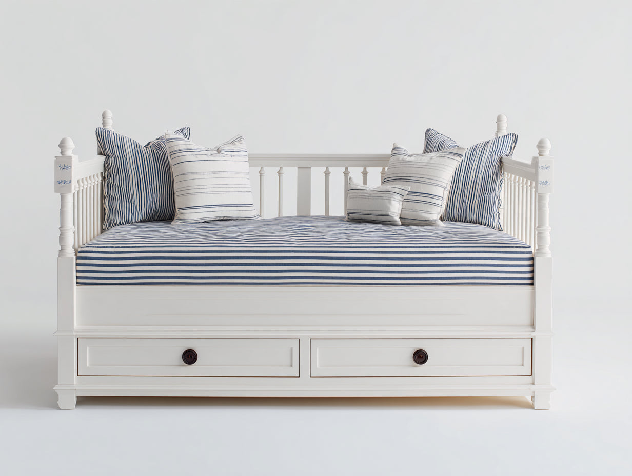 Sofás cama de madera manufacturada y tela 206 x 98 x 92 cm - Blanco y azul marino - Con 2 cajones y diseño clásico