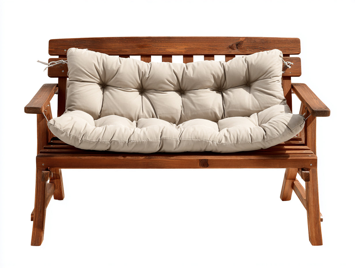 Bancos de jardín de madera 125x65x88 cm - Marrón nogal y beige - Banco de 2 plazas con cojín acolchado