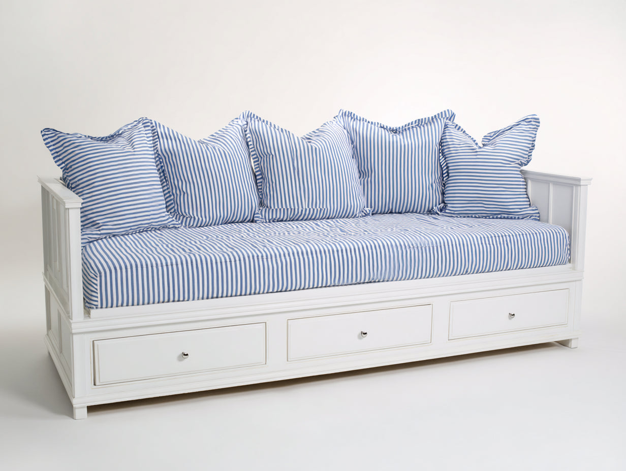 Sofá cama de madera 215 x 100 x 90 cm - blanco y azul - con 3 cajones y diseño costero