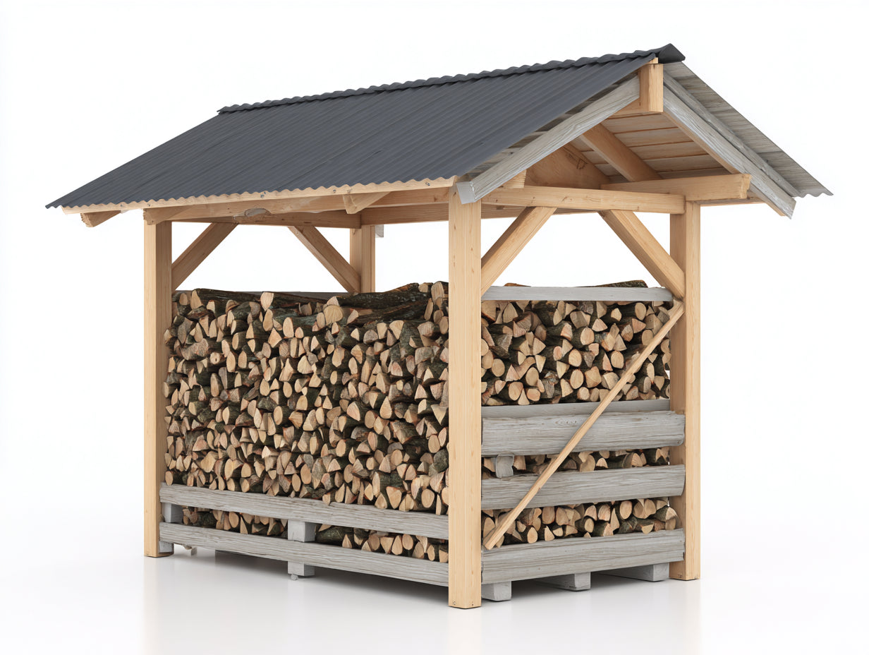 Leñero de jardín de madera 200 x 120 x 210 cm - madera natural y gris antracita - cubierta inclinada y estructura ventilada