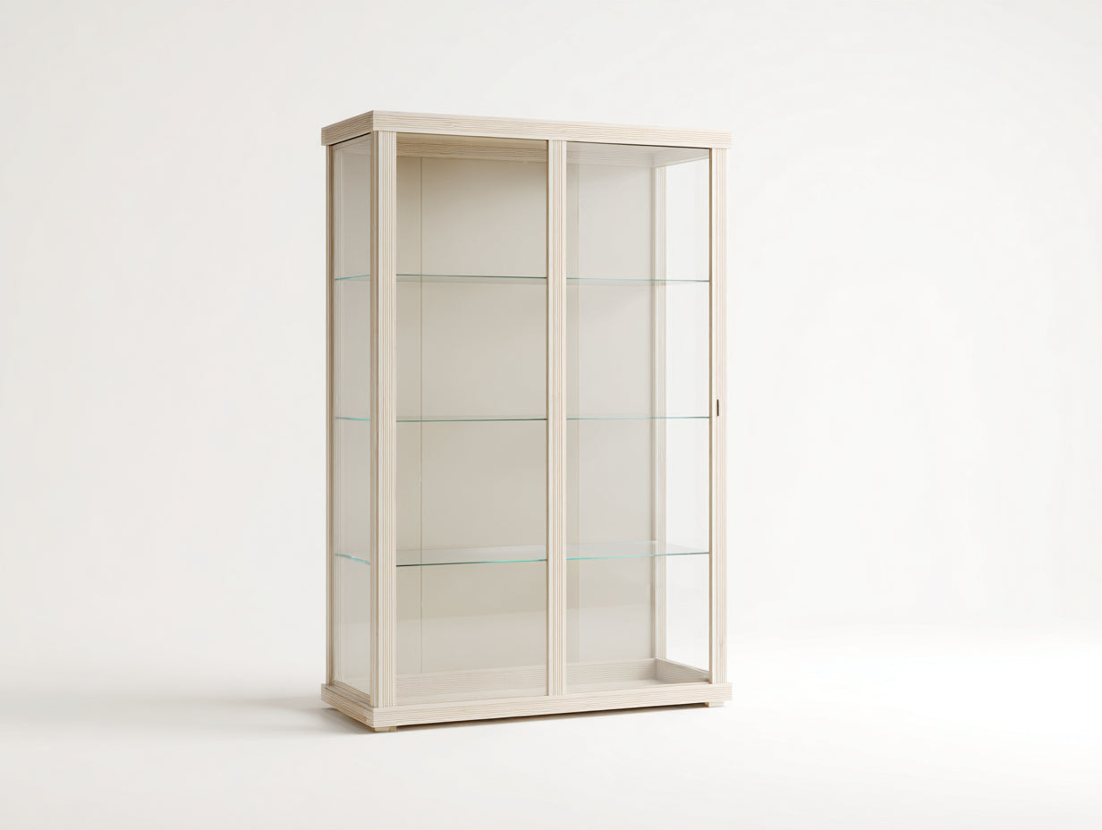 Estanterías de madera manufacturada y vidrio 88 x 39 x 175 cm - Blanco crema - Con 2 puertas correderas y diseño minimalista