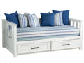 Sofá cama de madera 210 x 98 x 88 cm - blanco con tapizado de rayas azules - 2 cajones y laterales abiertos