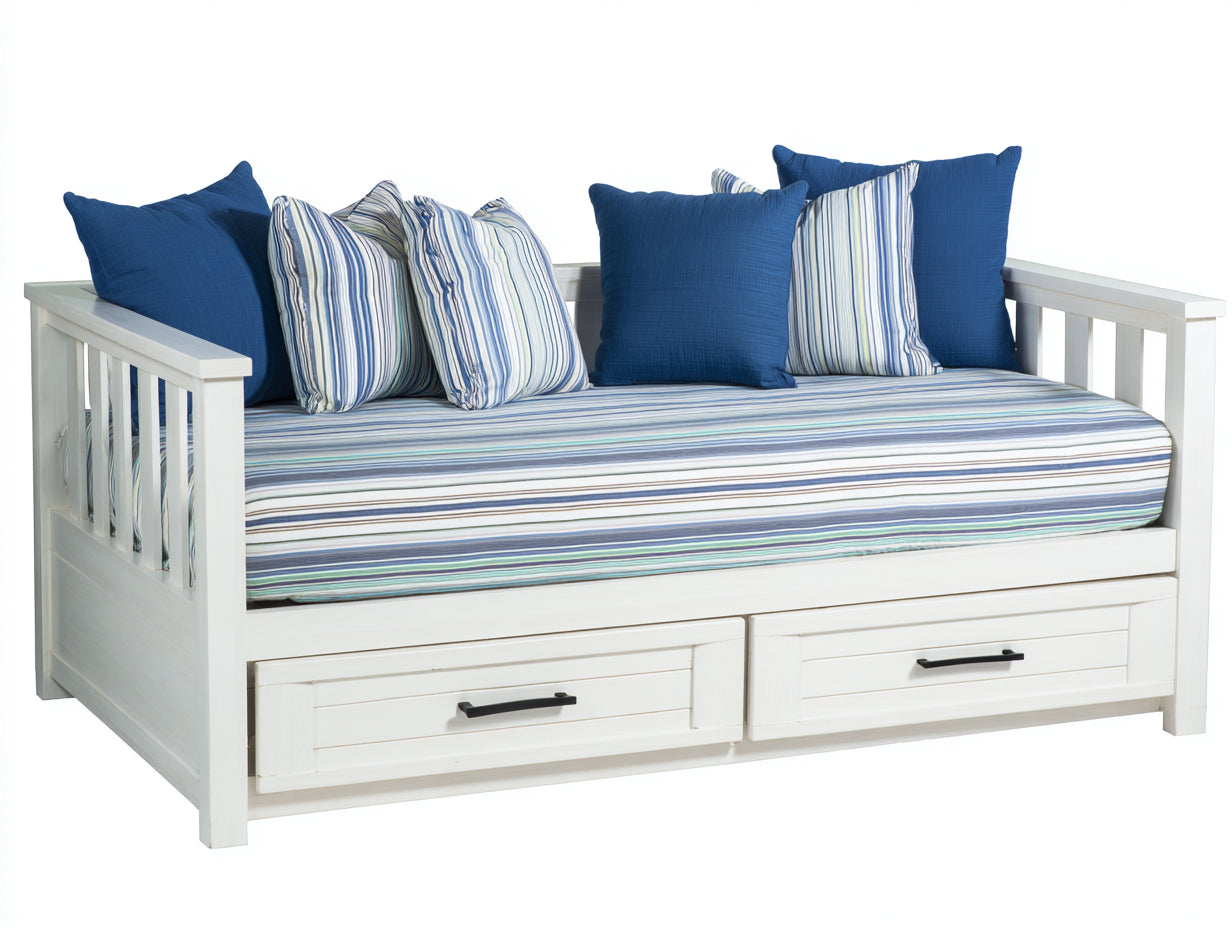 Sofá cama de madera 210 x 98 x 88 cm - blanco con tapizado de rayas azules - 2 cajones y laterales abiertos