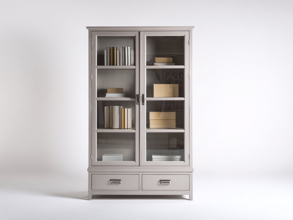 Estanterías de madera manufacturada y vidrio 92 x 40 x 182 cm - Gris topo - Con 2 puertas y 2 cajones de estilo clásico