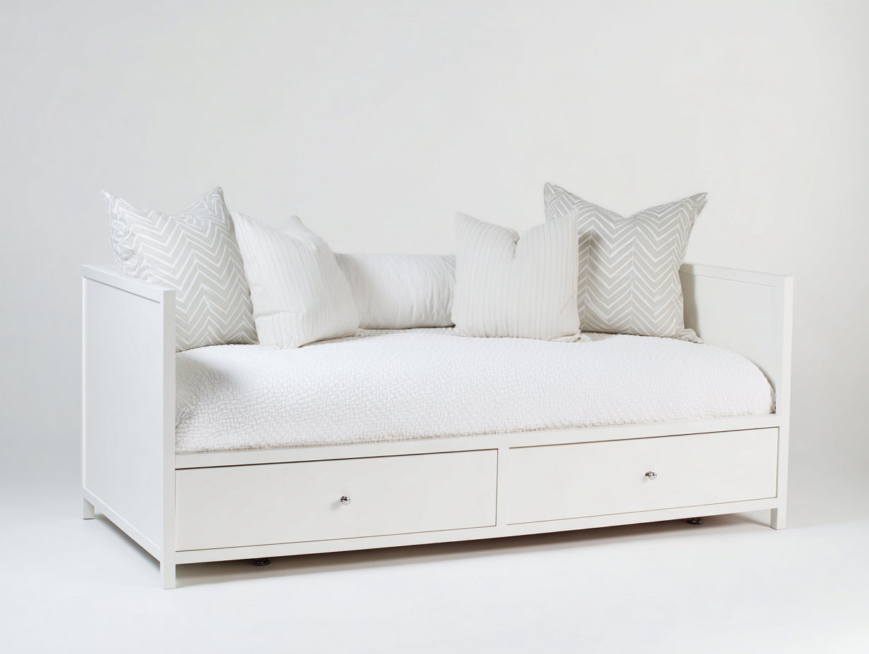 Sofás cama de madera 200x95x85 cm color blanco con 2 cajones y diseño nórdico para salón o dormitorio