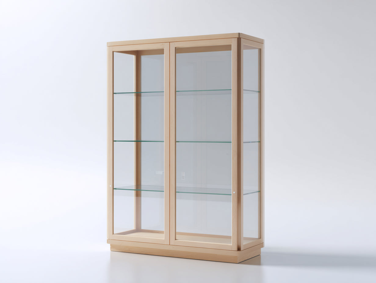 Estanterías de madera y vidrio 100x40x180 cm color madera natural con 2 puertas y 3 estantes diseño moderno