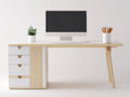 Mesas de oficina de madera 160x60x75 cm - Blanco y madera natural - 4 cajones y diseño escandinavo
