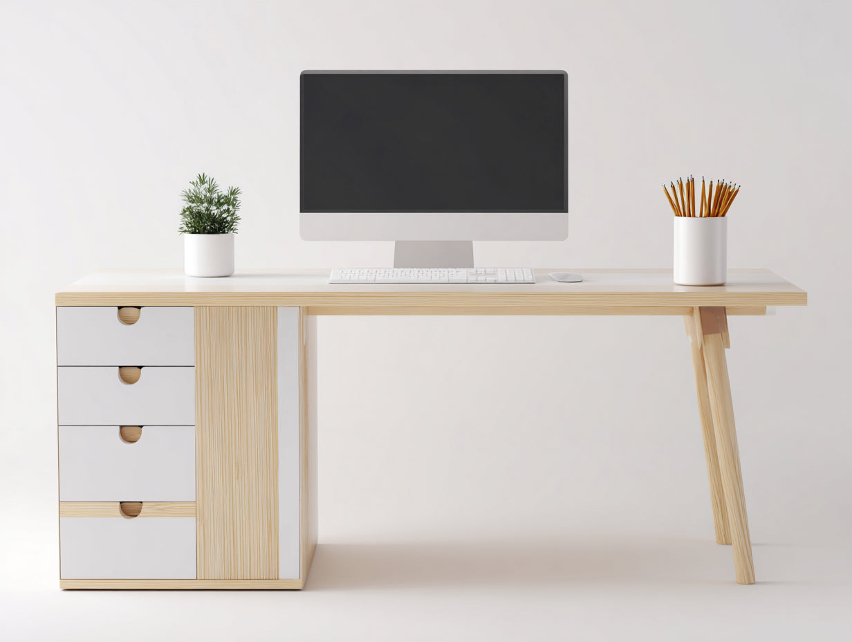 Mesas de oficina de madera 160x60x75 cm - Blanco y madera natural - 4 cajones y diseño escandinavo
