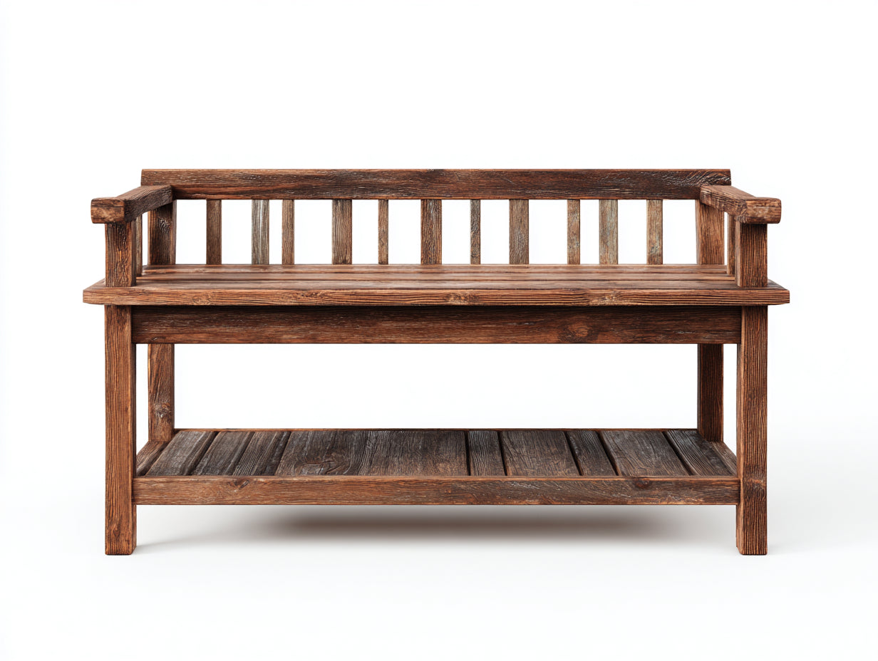 Bancos de jardín de madera 130 x 55 x 88 cm - Marrón envejecido - Con respaldo reposabrazos y estante inferior rústico