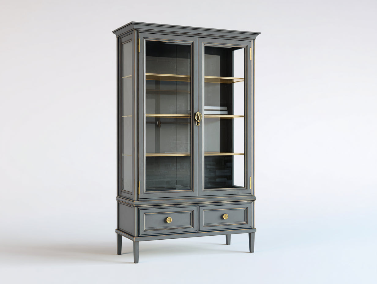 Estanterías de madera y vidrio 105x42x185 cm - Gris antracita - 2 puertas y 2 cajones