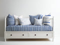 Sofás cama de madera 200x95x90 cm color blanco y azul con 2 cajones y tapizado a rayas diseño costero