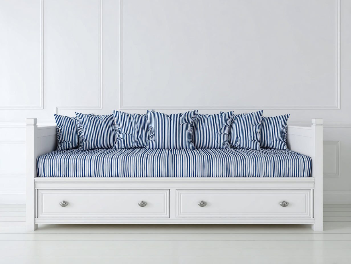 Sofás cama de madera manufacturada y tela 205 x 96 x 88 cm - Blanco y azul - Con 2 cajones y diseño clásico