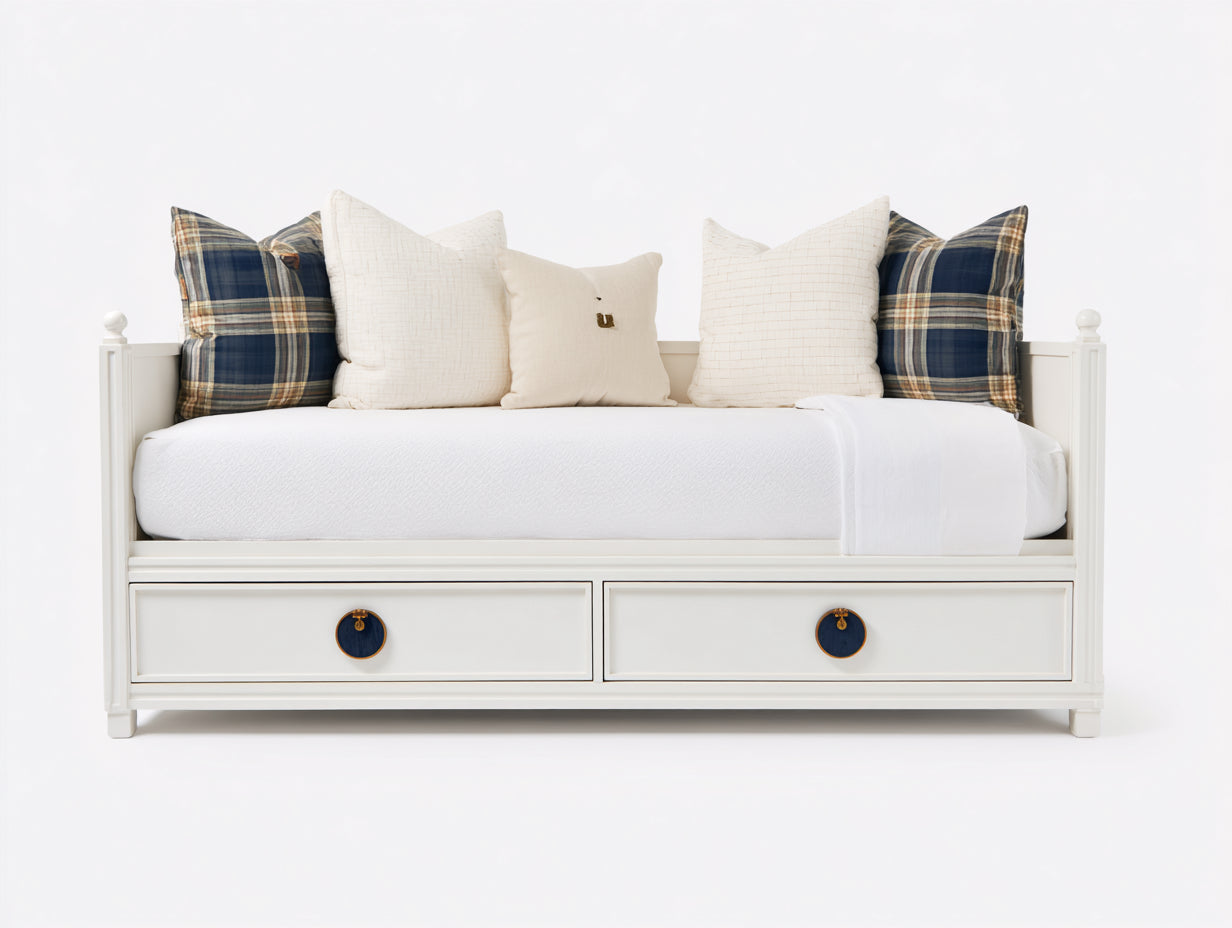 Sofás cama de madera en blanco con 2 cajones 210x100x95 cm diseño clásico para dormitorio y habitación de invitados