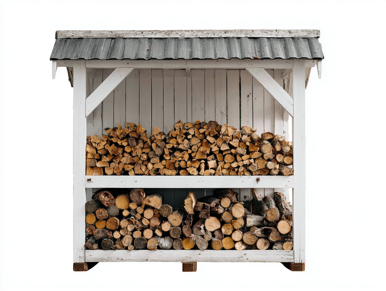 Leñero de jardín de madera 150 x 60 x 180 cm - Blanco envejecido y gris oscuro - Con cubierta y 2 niveles de almacenamiento