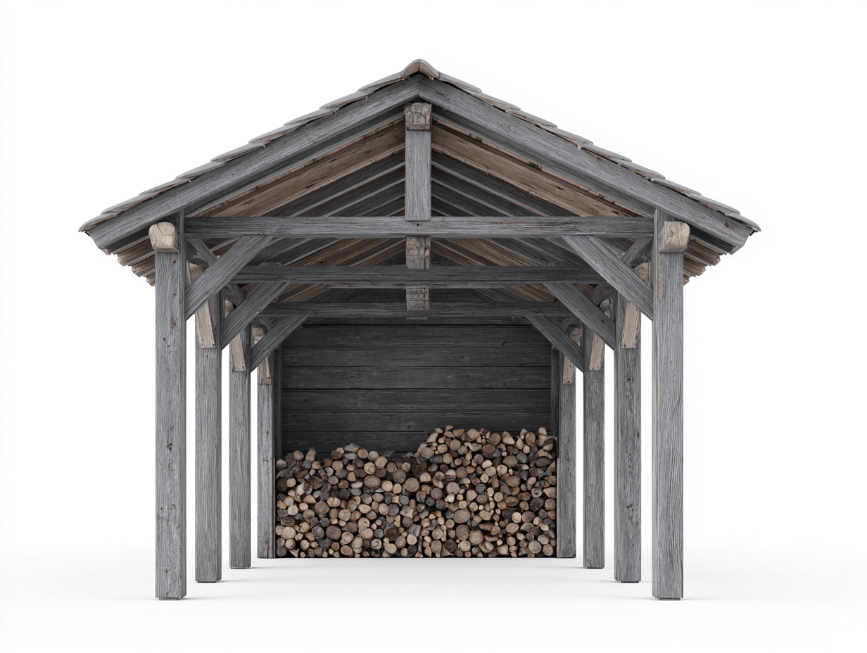 Leñero de jardín de madera 300 x 180 x 220 cm - gris envejecido - techo a dos aguas y estructura abierta