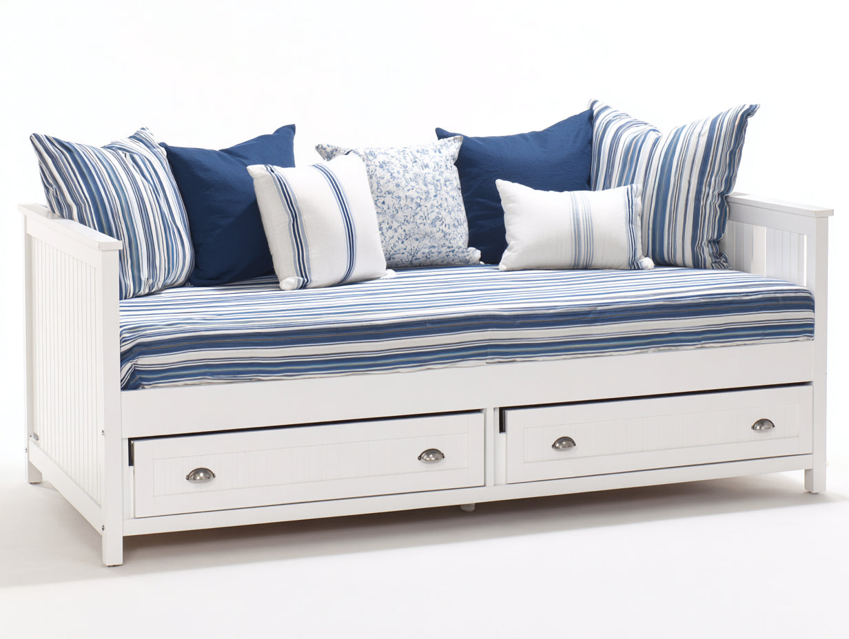 Sofá cama de madera 212 x 98 x 89 cm - blanco y azul - con 2 cajones y diseño costero