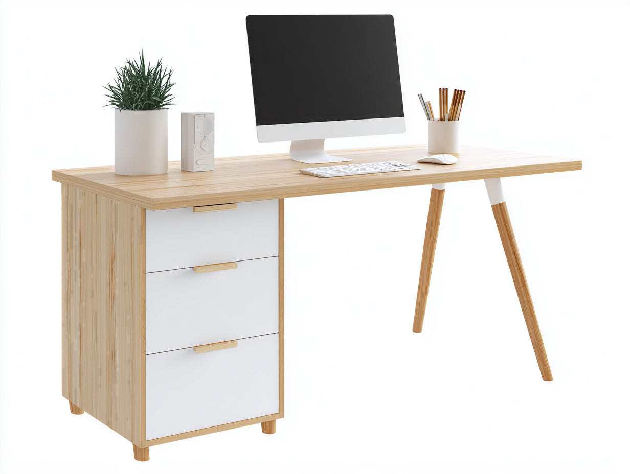 Mesa de oficina 160 x 60 x 76 cm - blanco y madera natural - con 3 cajones y diseño escandinavo