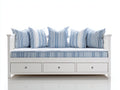 Sofás cama de madera 200x95x90 cm color blanco y azul con 3 cajones y tapizado a rayas diseño costero