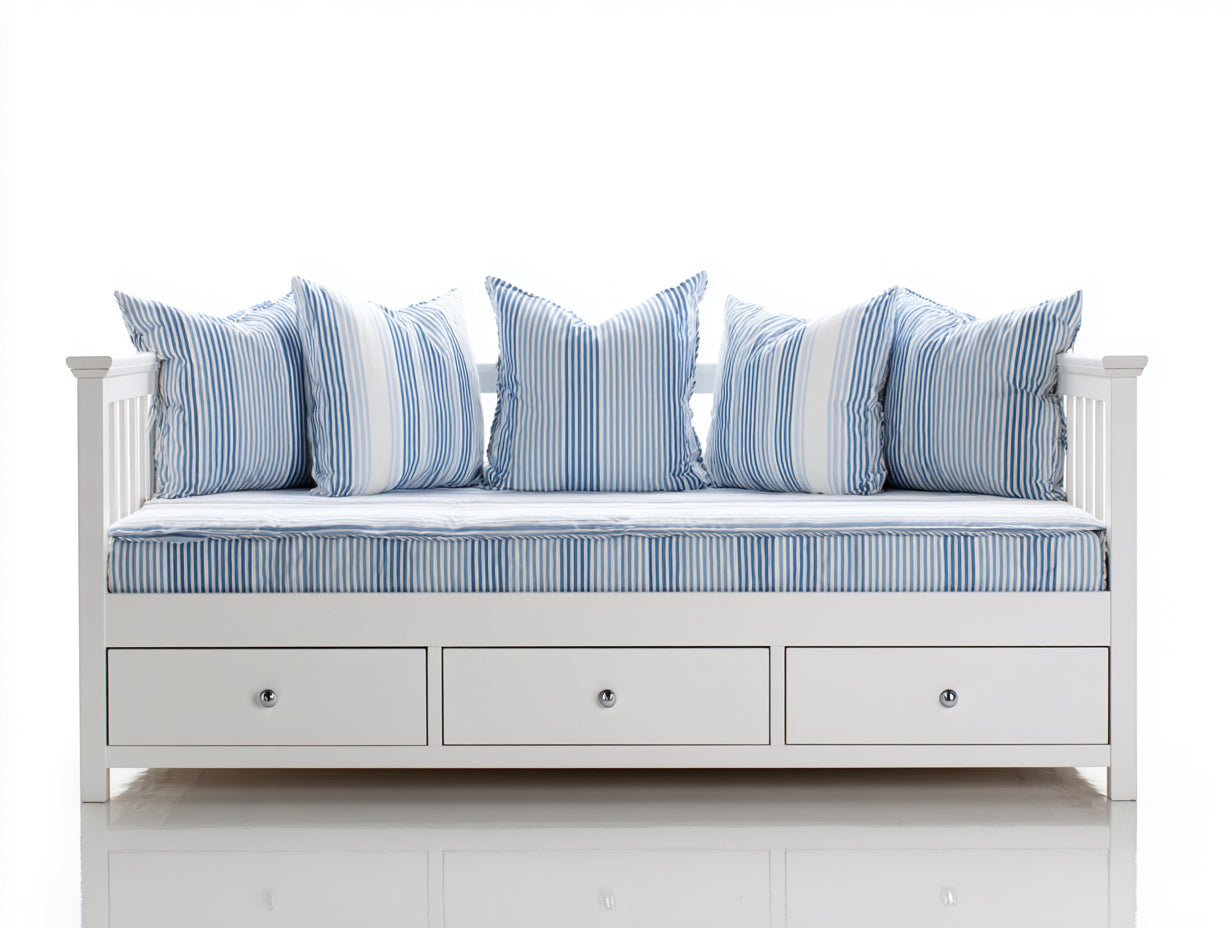 Sofás cama de madera 200x95x90 cm color blanco y azul con 3 cajones y tapizado a rayas diseño costero