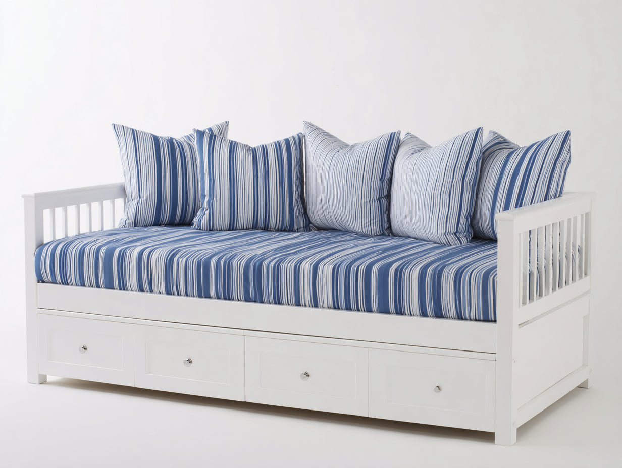 Sofás cama de madera 205x96x88 cm - Blanco y azul - Diseño tipo diván con 4 cajones