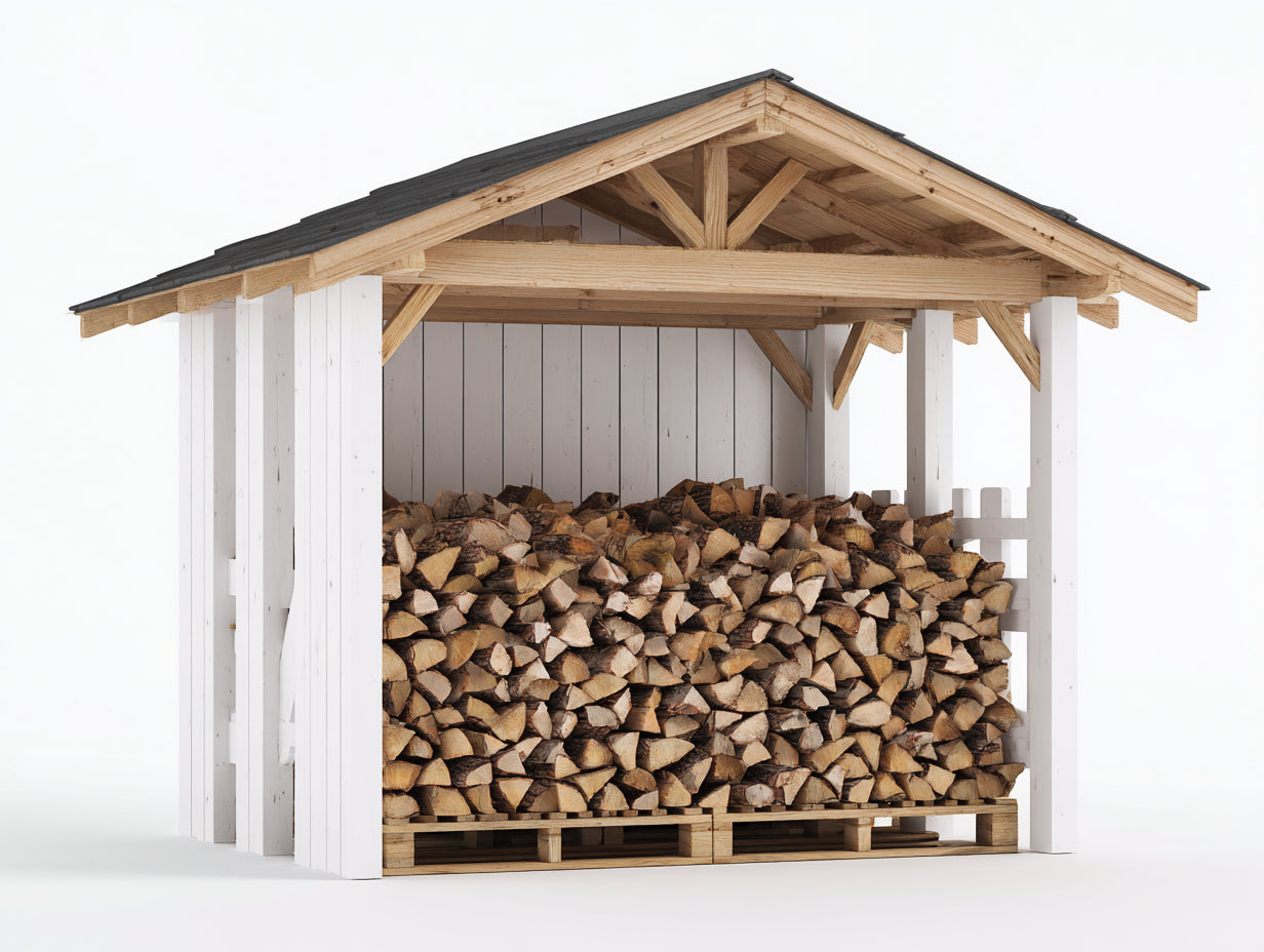 Leñero de jardín de madera 225 x 110 x 210 cm - Madera natural blanco y gris antracita - Con techo a dos aguas y base elevada